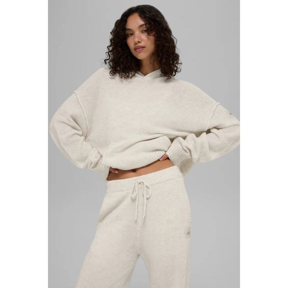 NWT Alo Yoga New Class Cashmere Hoodie Bone Heather Relaxed Soft Cozy Rustic L